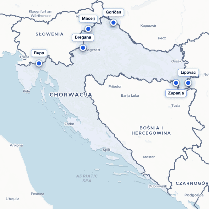 Mapa Chorwacji z punktami wjazdu na autostrady — podgląd kalkulatora opłat